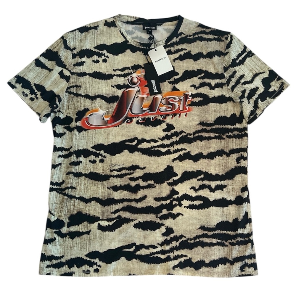 NWT Just Cavalli Tiger Print T Shirt w/ Logo Short Sleeves Mens Size XXL